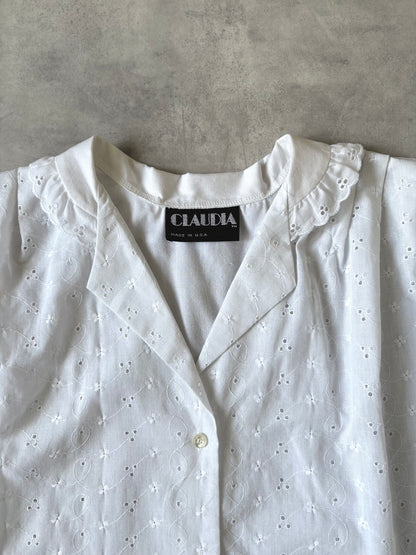 made in USA / 花柄刺繍の半袖ホワイトブラウス