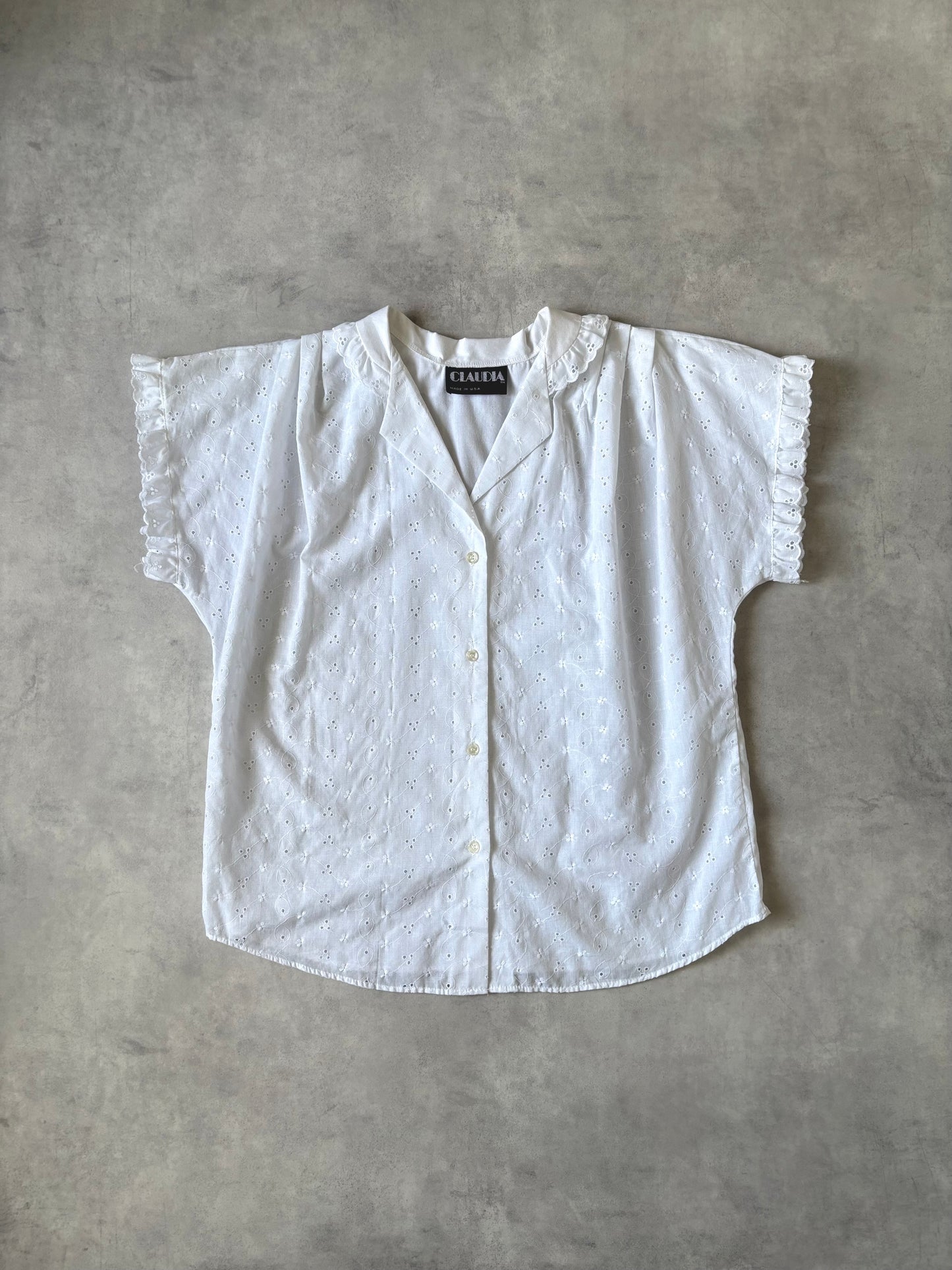 made in USA / 花柄刺繍の半袖ホワイトブラウス